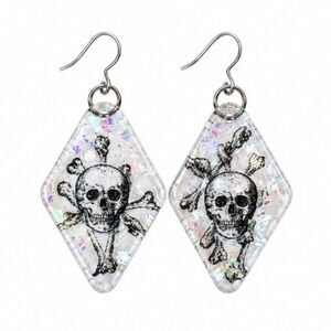 Skull Crossbones Resin Dangle Earrings Clear Glitter Goth Halloween OOAK